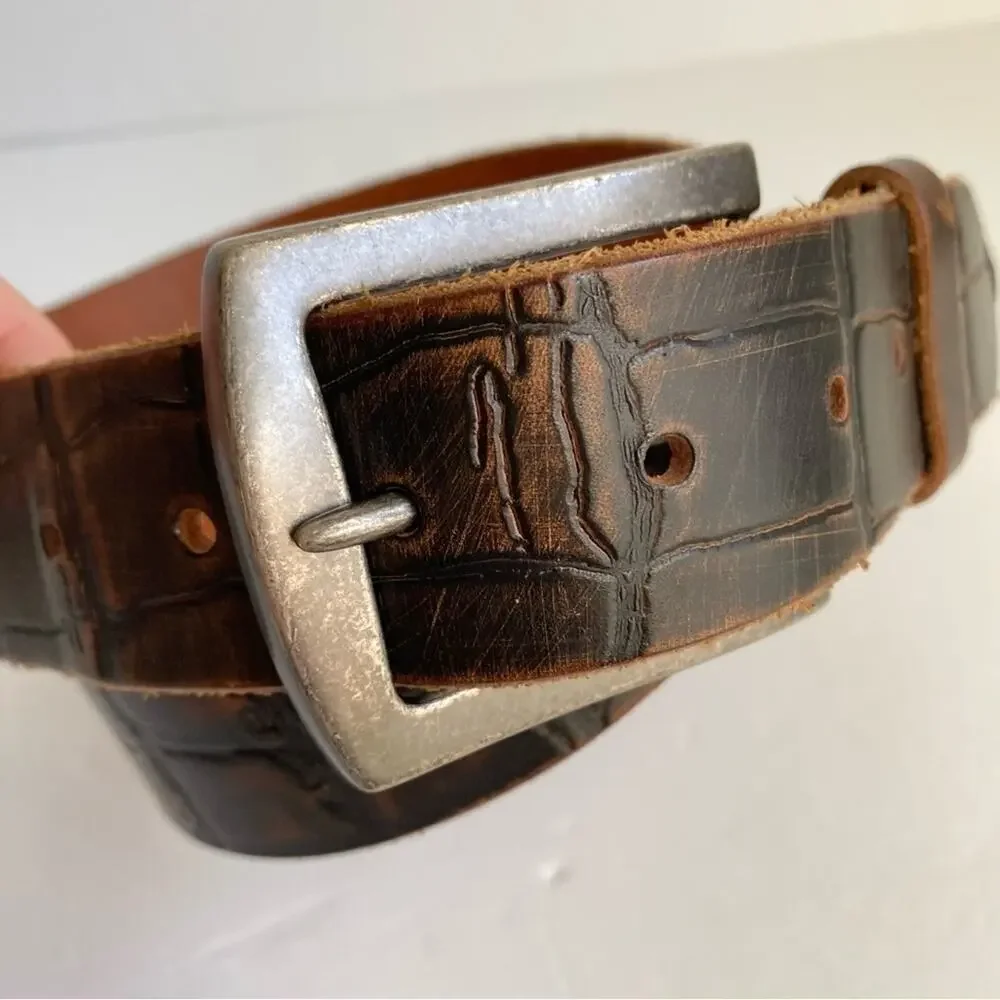 Brown Italian Leather Belt Mock Croc Embossed Statement Silver Buckle Mens Large